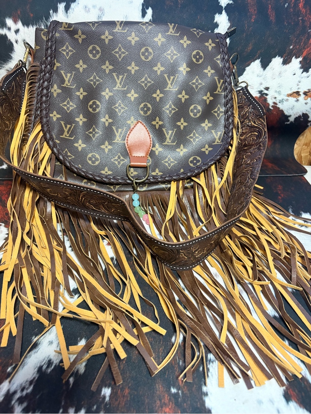 Brown and Tan Monogram Fringe Crossbody